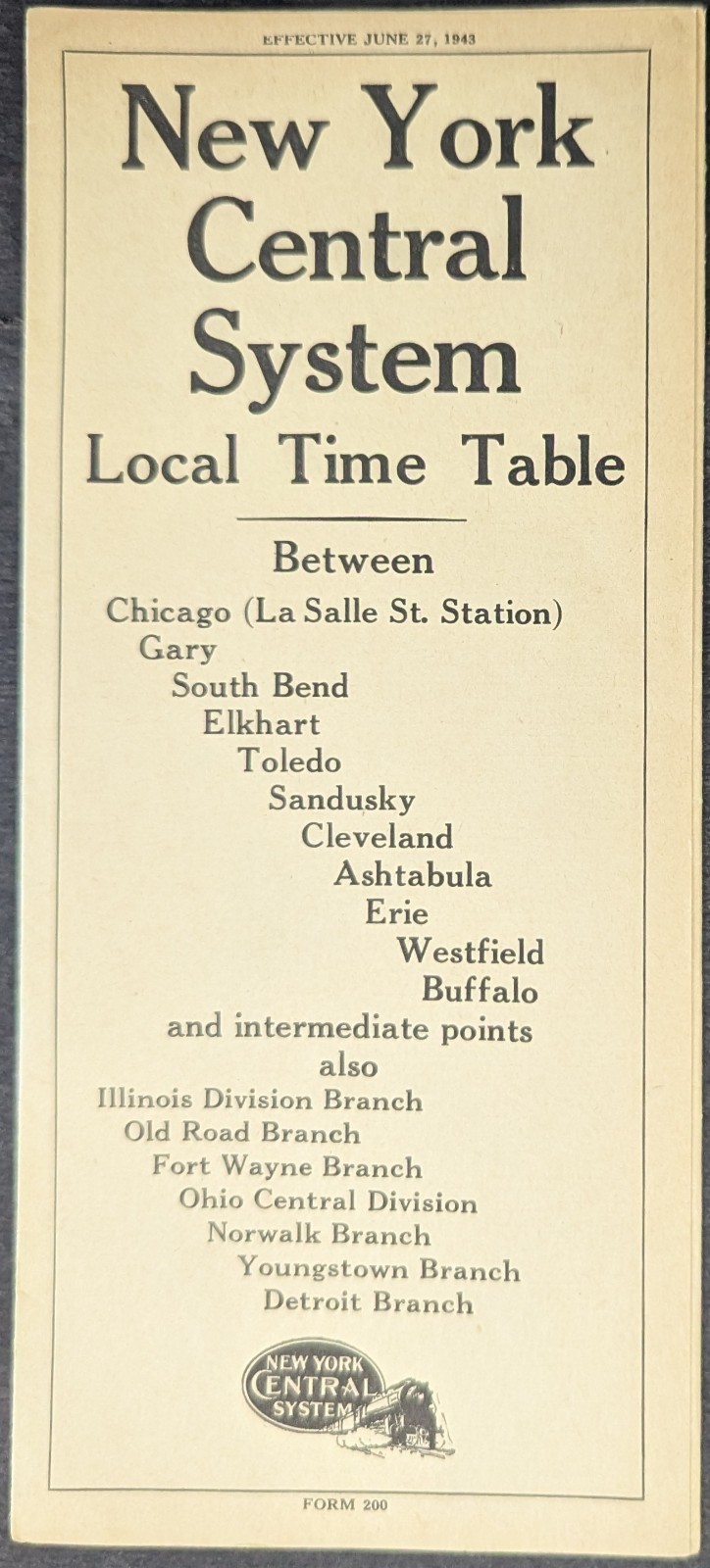 ***VINTAGE 1943 NEW YORK CENTRAL RAILROAD SYSTEM LOCAL TIME TABLE*** ***VINTAGE 1943 NEW YORK CENTRAL RAILROAD SYSTEM LOCAL TIME TABLE***