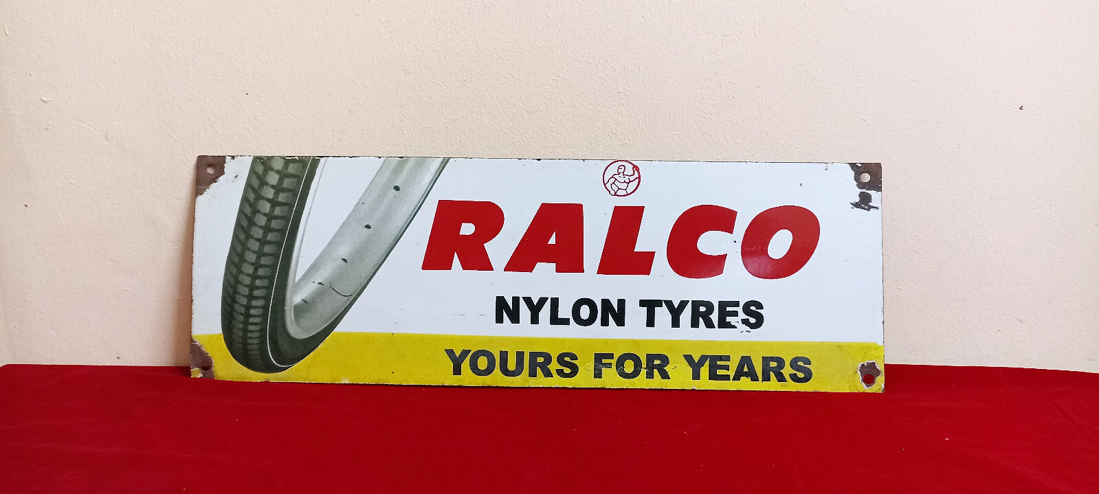 Vintage Old Advt Tin Enamel Porcelain Sign Board Ralco Nylon Tyres Automobile E4