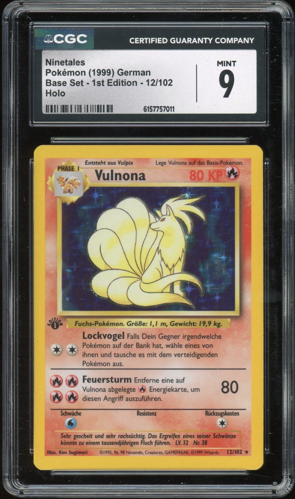 1999 Pokemon GERMAN 1st Edition Base Set Vulnona-Ninetales Holo 12/102 CGC 9 1999 Pokemon GERMAN 1st Edition Base Set Vulnona-Ninetales Holo 12/102 CGC 9