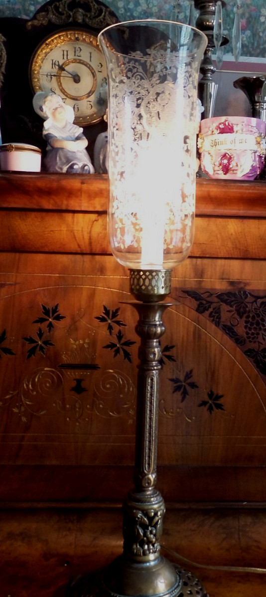 Antique Oscar Bach Bronze Like Electric Candle Lamp with Fostoria Etched shade