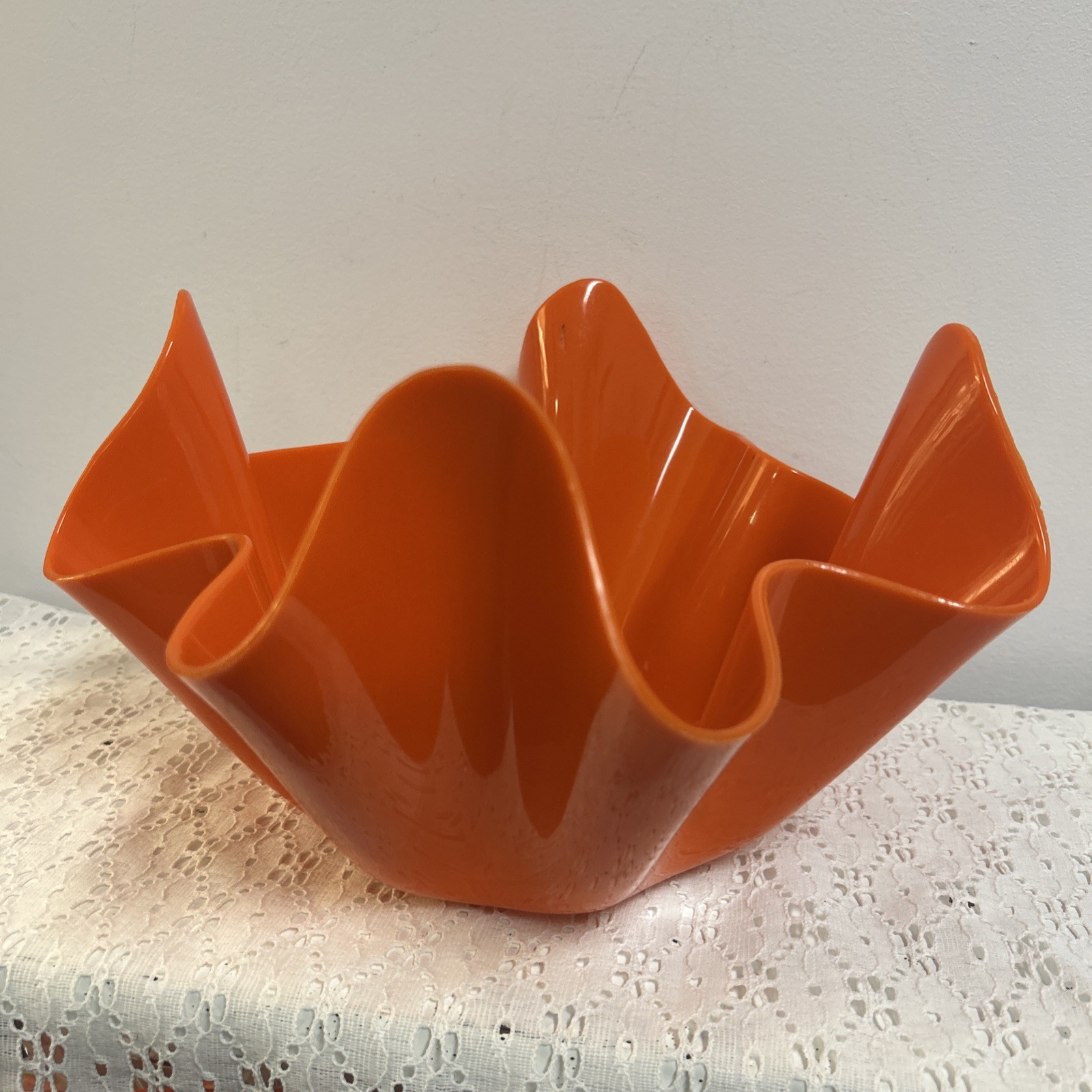 Vintage Orange Lucite Acrylic Handkerchief Ruffle Bowl MCM Taiwan Art 1960 Retro