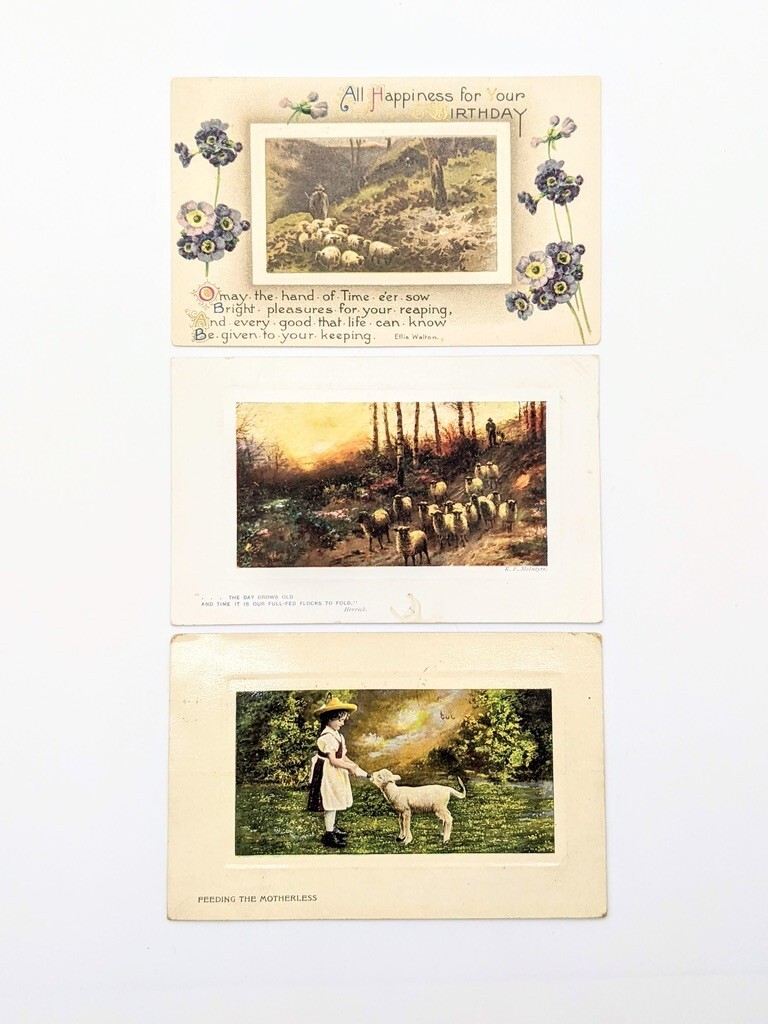 Lot 3 Victorian Antique VTG Easter Postcard Boy Girl Bottle Feeding Sheep Inset