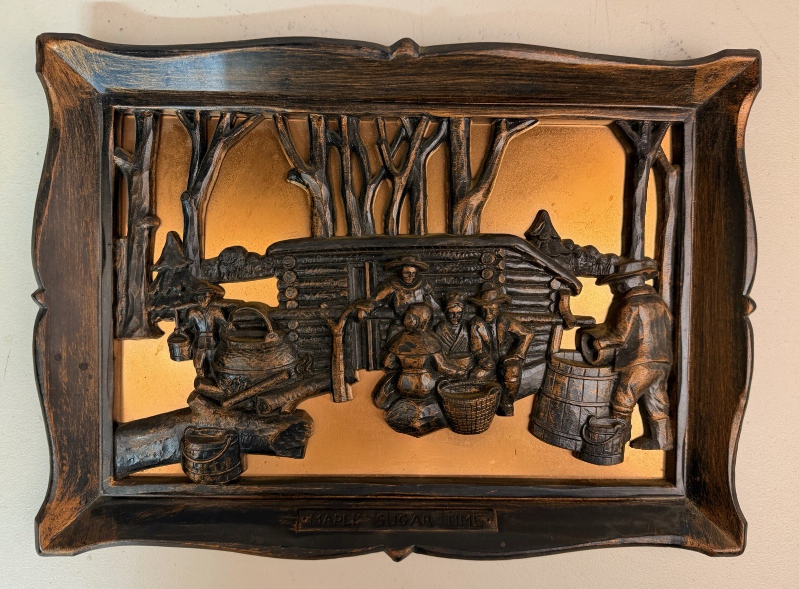 Vintage Dart Ind. Copper 3D Wall Plaque Art “Maple Sugar Time” Mid Century USA