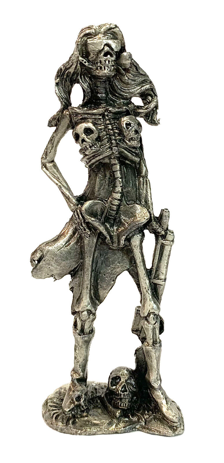 Pewter Figurine 4” Skeleton Pirate Woman Skull Breasts Sunglasses Lead Free
