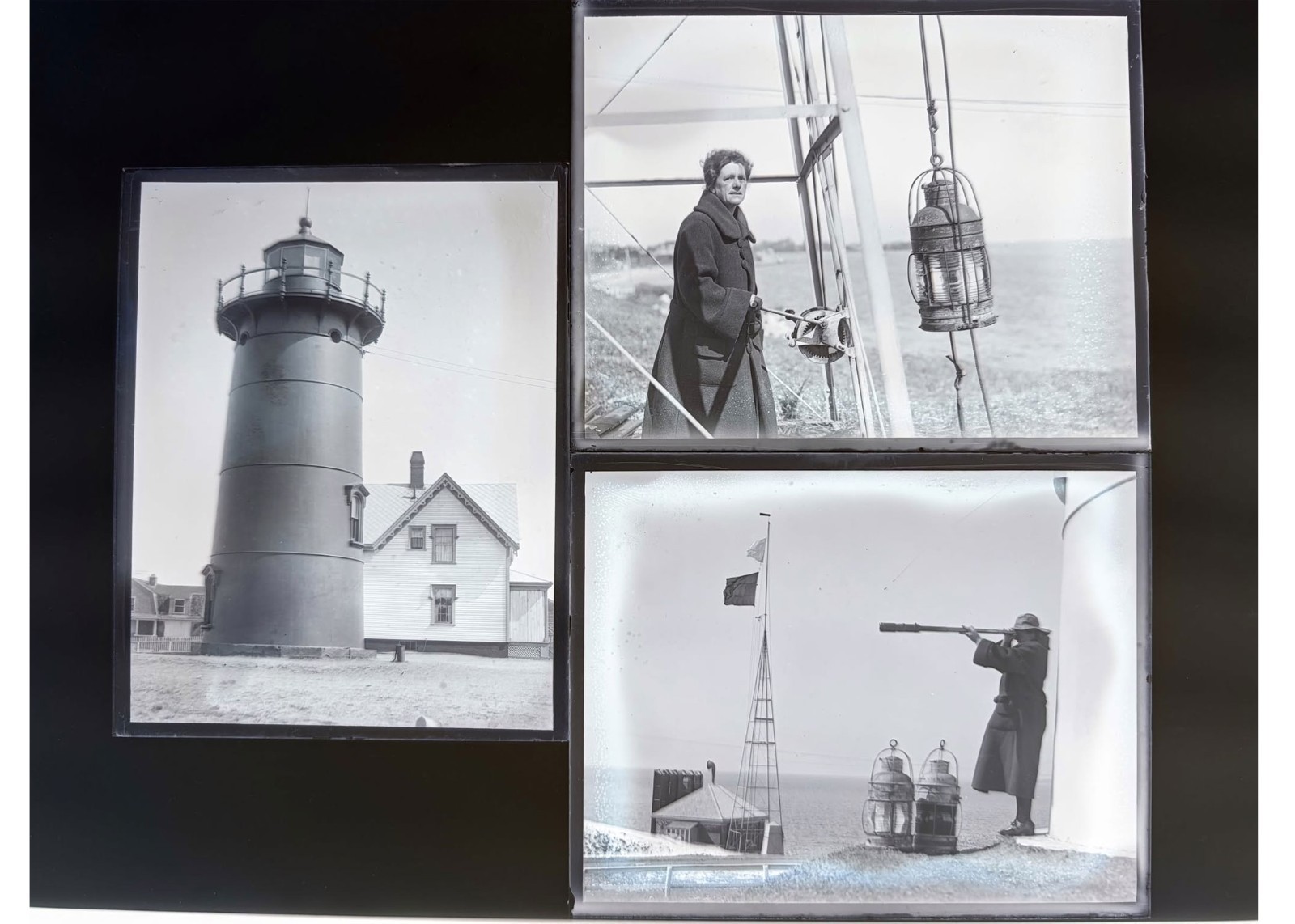 1920 Nobska Lighthouse Woods Hole Cape Cod Woman Keeper Glass Negatives (3) OOAK