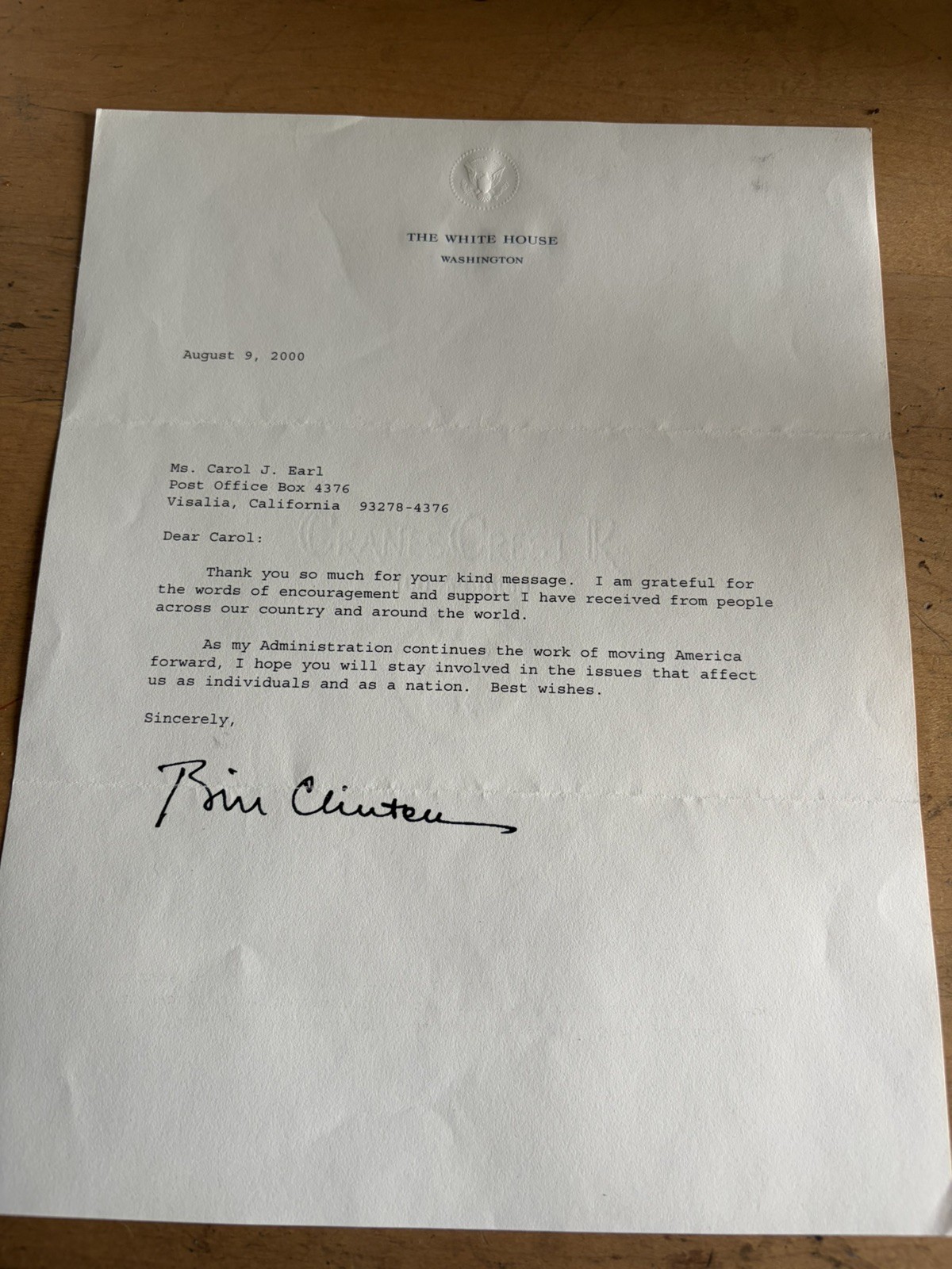 August 2000 President Bill Clinton signed personal letter August 2000 President Bill Clinton signed personal letter