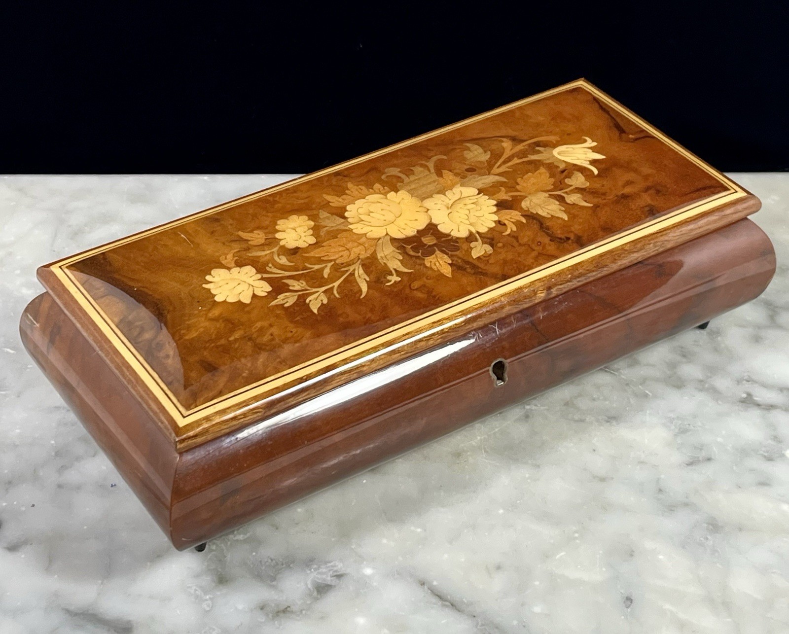 Vintage Italian Burl Wood marquetry Musical Jewelry Box Sorrento Plays 11”