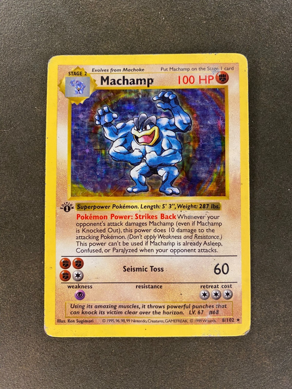 Shadowless Machamp 8/102 - Holo Rare - Base Set - Vintage 1999 Pokemon Card Shadowless Machamp 8/102 - Holo Rare - Base Set - Vintage 1999 Pokemon Card