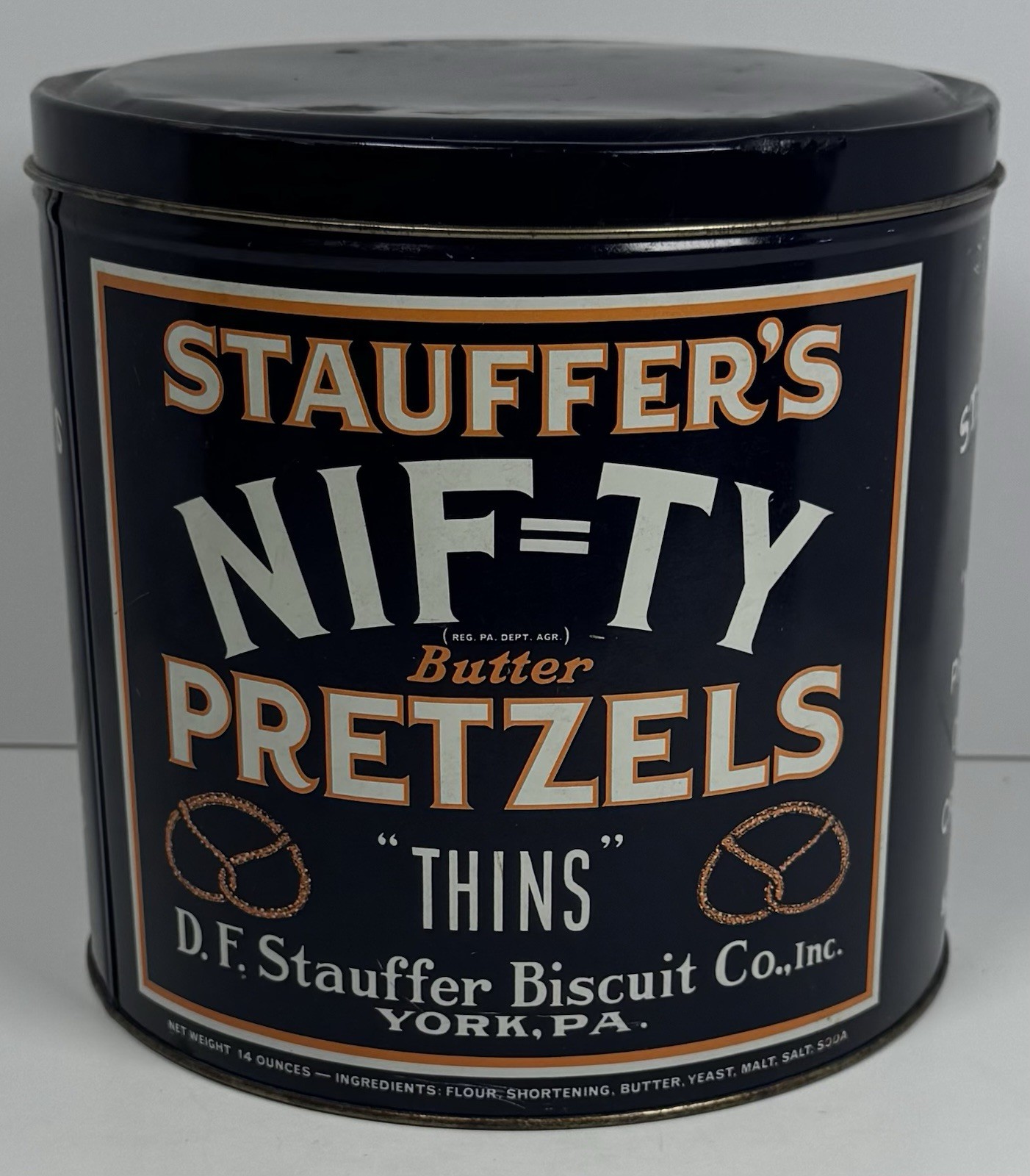 Vintage 1940’s Stauffer's NIF=TY Butter Pretzel Thins Tin Can York, PA Advertise Vintage 1940’s Stauffer's NIF=TY Butter Pretzel Thins Tin Can York, PA Advertise