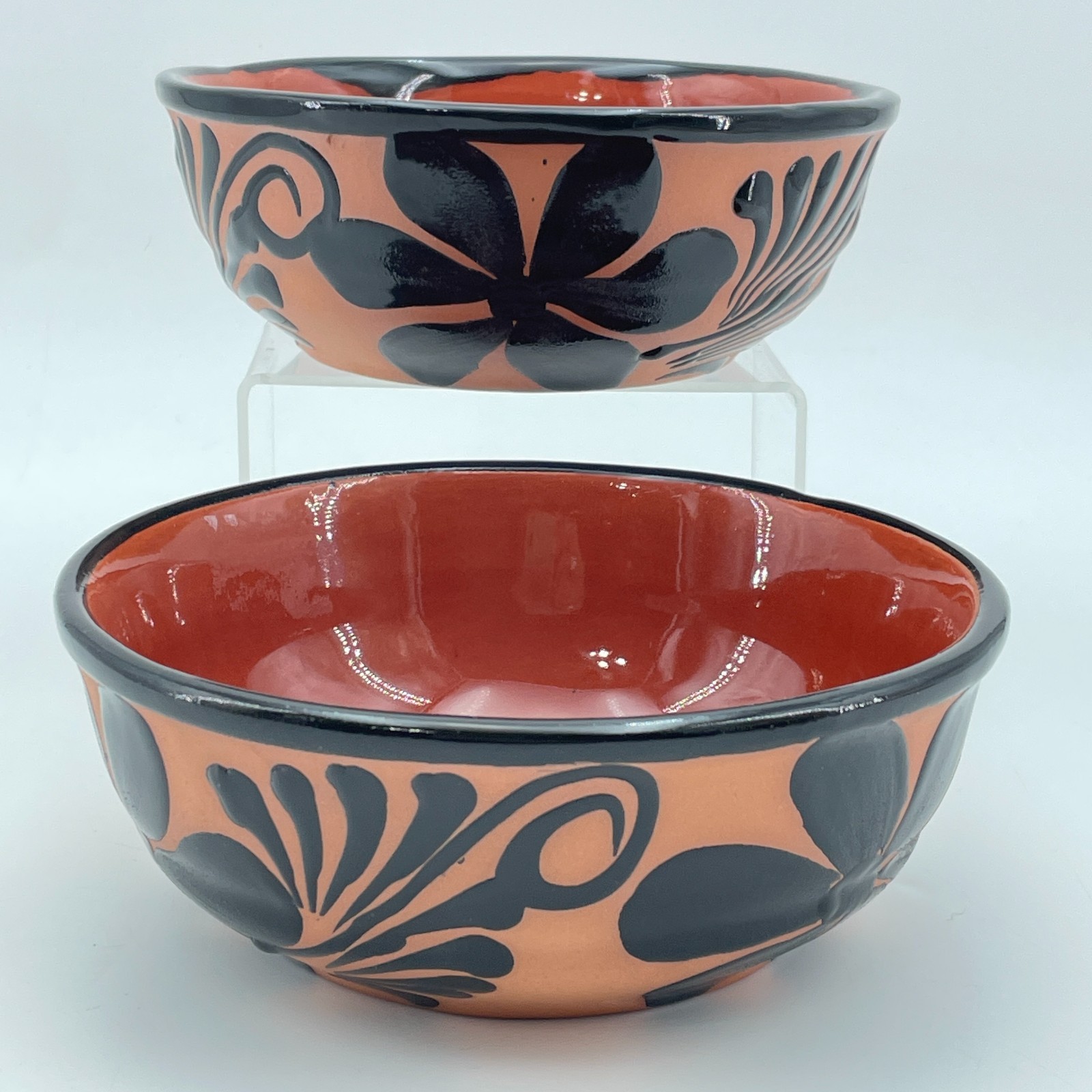 MEXICAN Clay Bowls Set of 2 Black Floral Terracotta Handmade Pottery NEW 6.5in