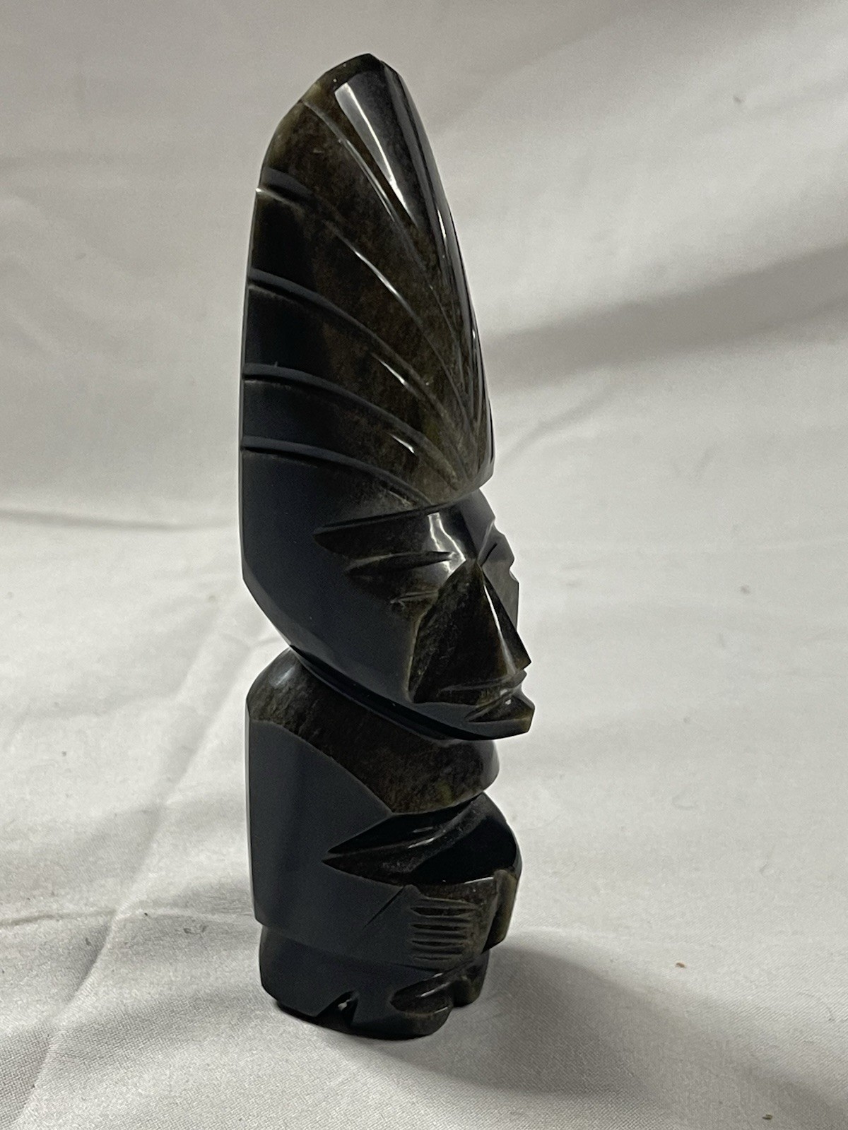 Vintage Mexico 5” Carved Gold Sheen Obsidian Mayan/Aztec Warrior Figurine