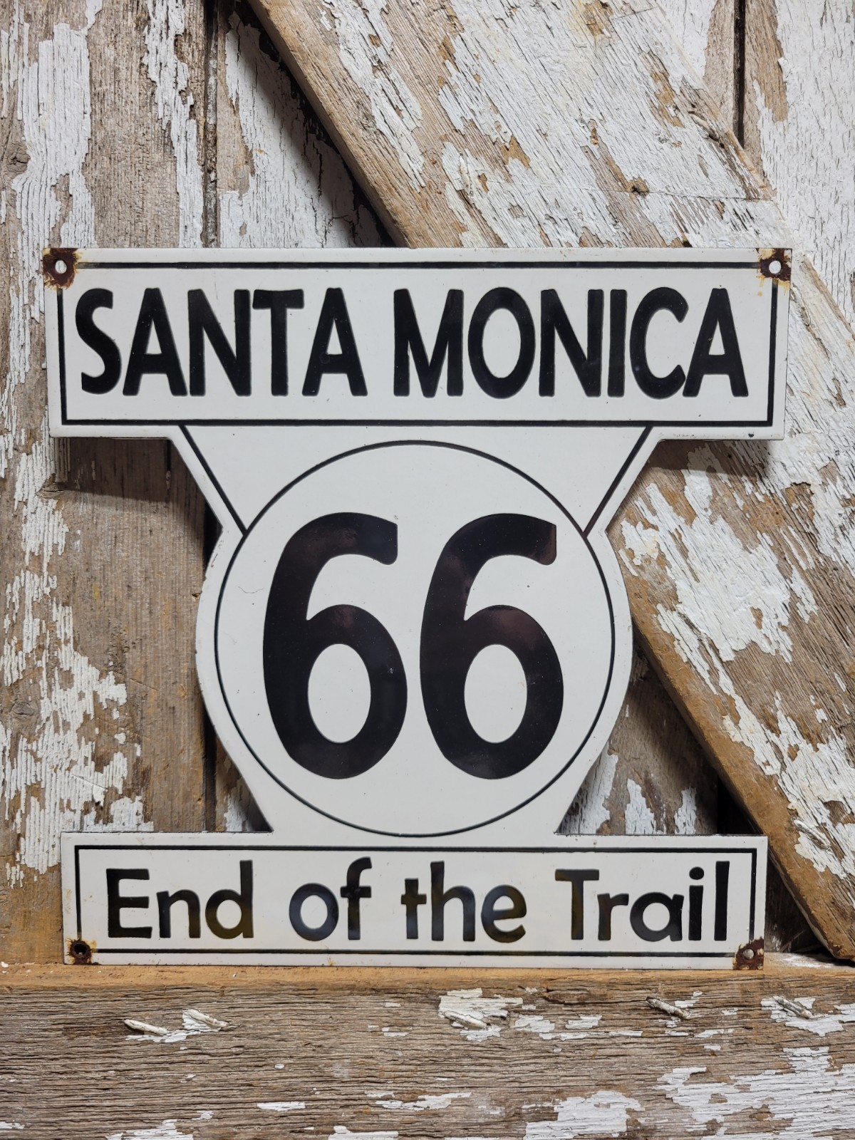 VINTAGE ROUTE 66 PORCELAIN SIGN OLD HIGHWAY SANTA MONICA MOTHER ROAD CALIFORNIA