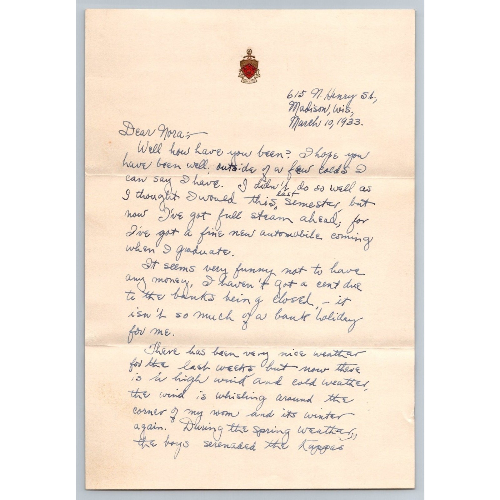 1933 Phi Kappa Tau Fraternity Letterhead Madison Wisconsin Bank Depression Era