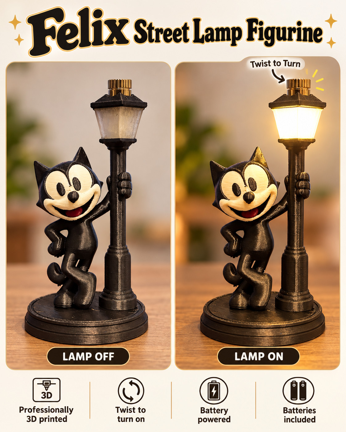 Felix the Cat Street Lamp Figurine 3D Printed Twist to Turn On Light Up Decor