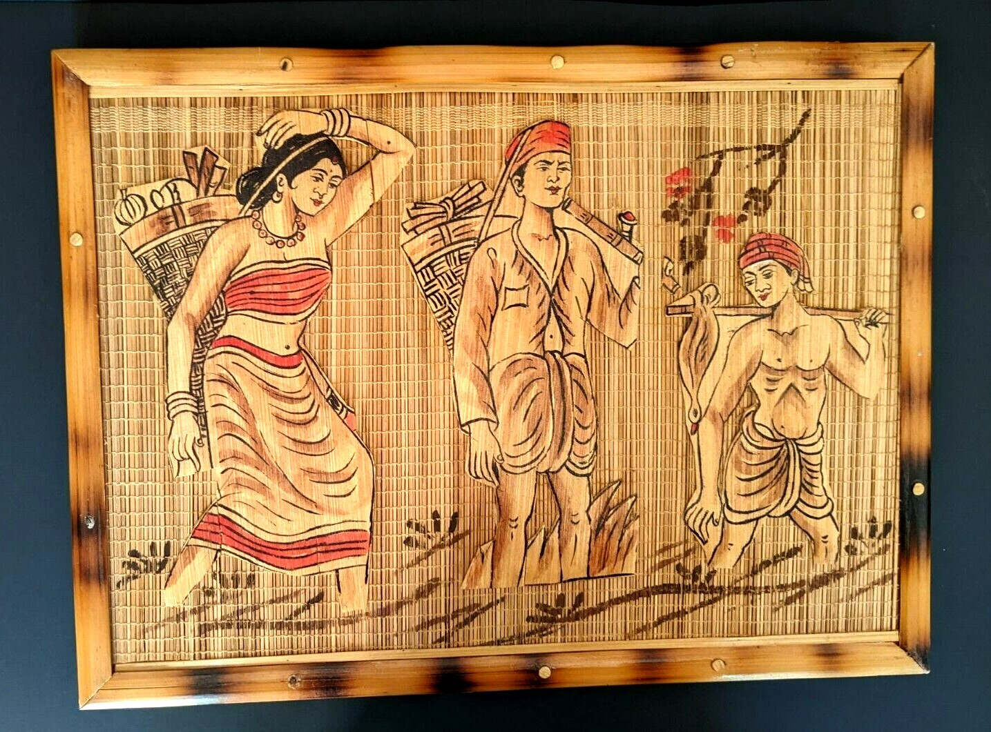  Handmade Bamboo/ Straw Tribal Art Work Wood Framed Wall Hanging 11.3/4\