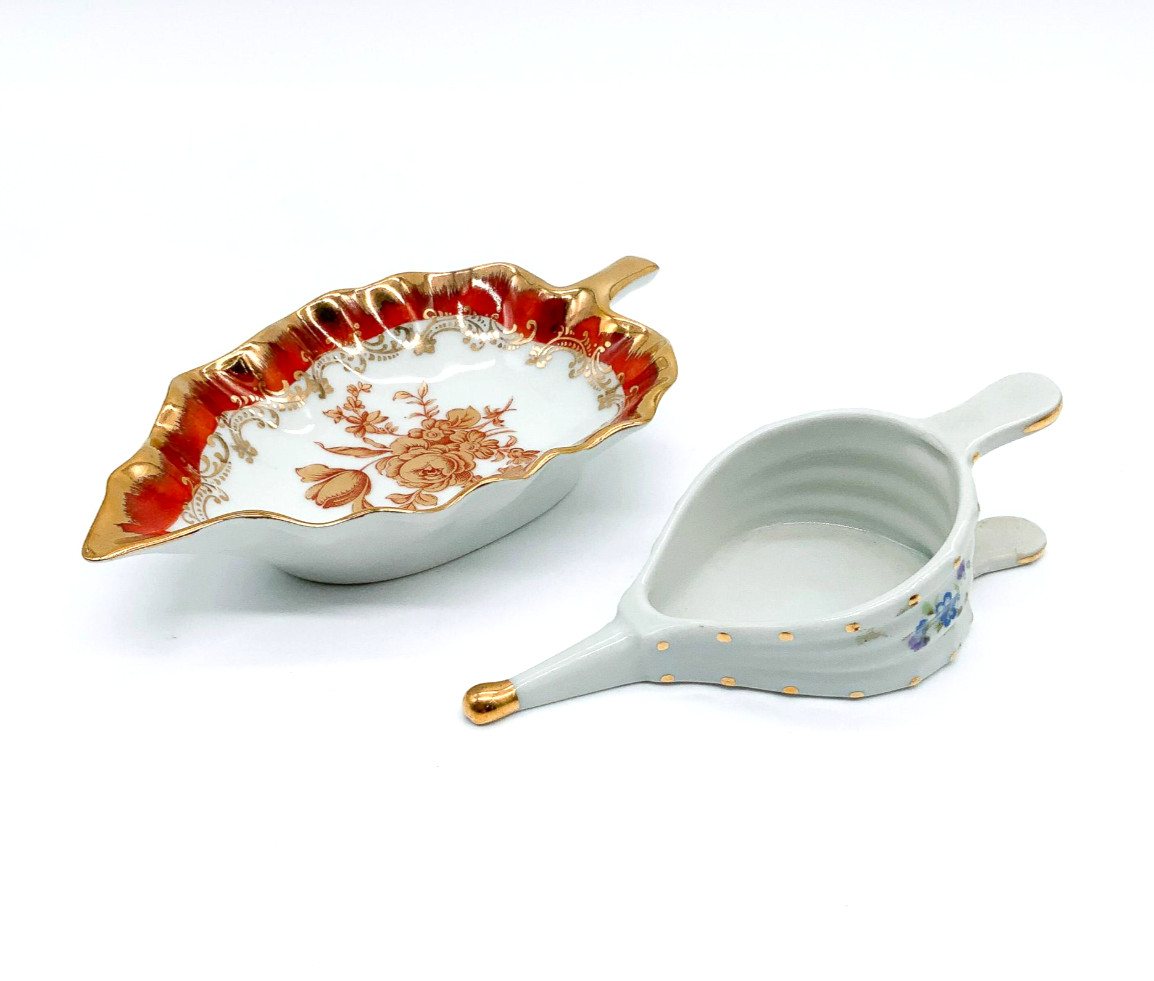 Pair Vintage Limoges France Porcelain Leaf Dishes Floral Gilt Trinket Bowls