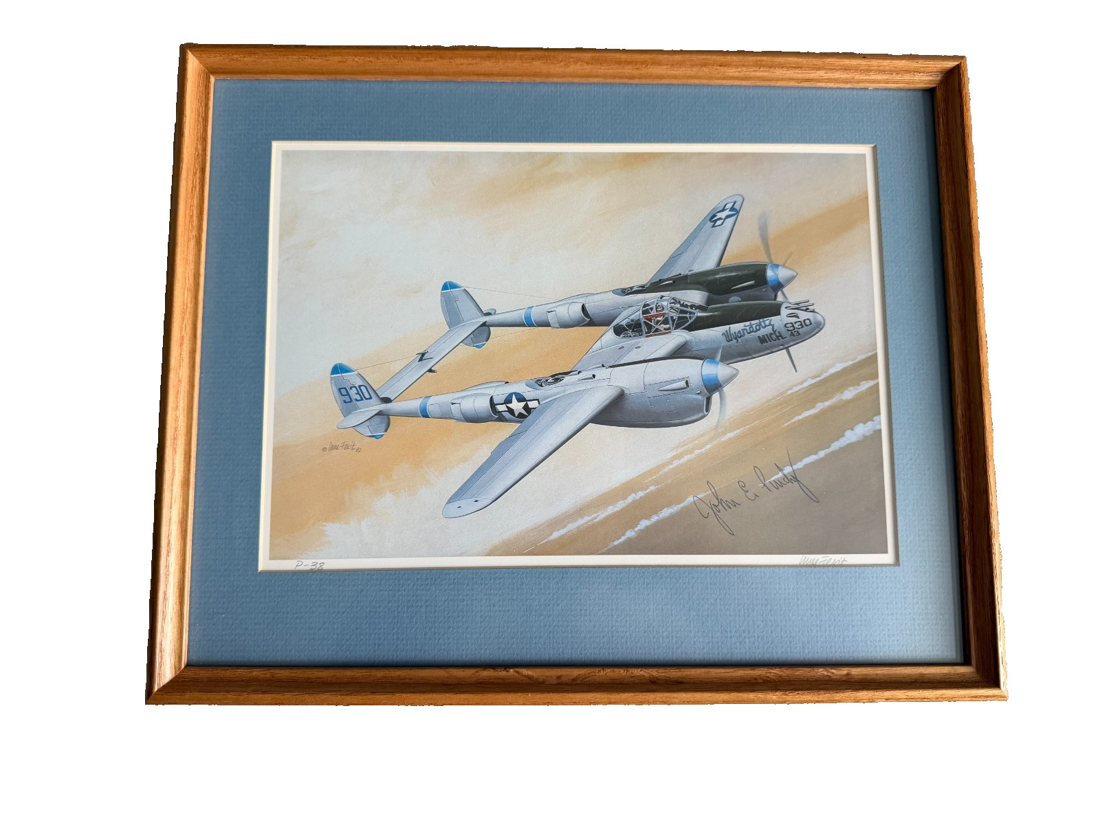 WWII P-38 Lightning Art Print Signed by Flying Ace Capt. John Purdy and Artist WWII P-38 Lightning Art Print Signed by Flying Ace Capt. John Purdy and Artist