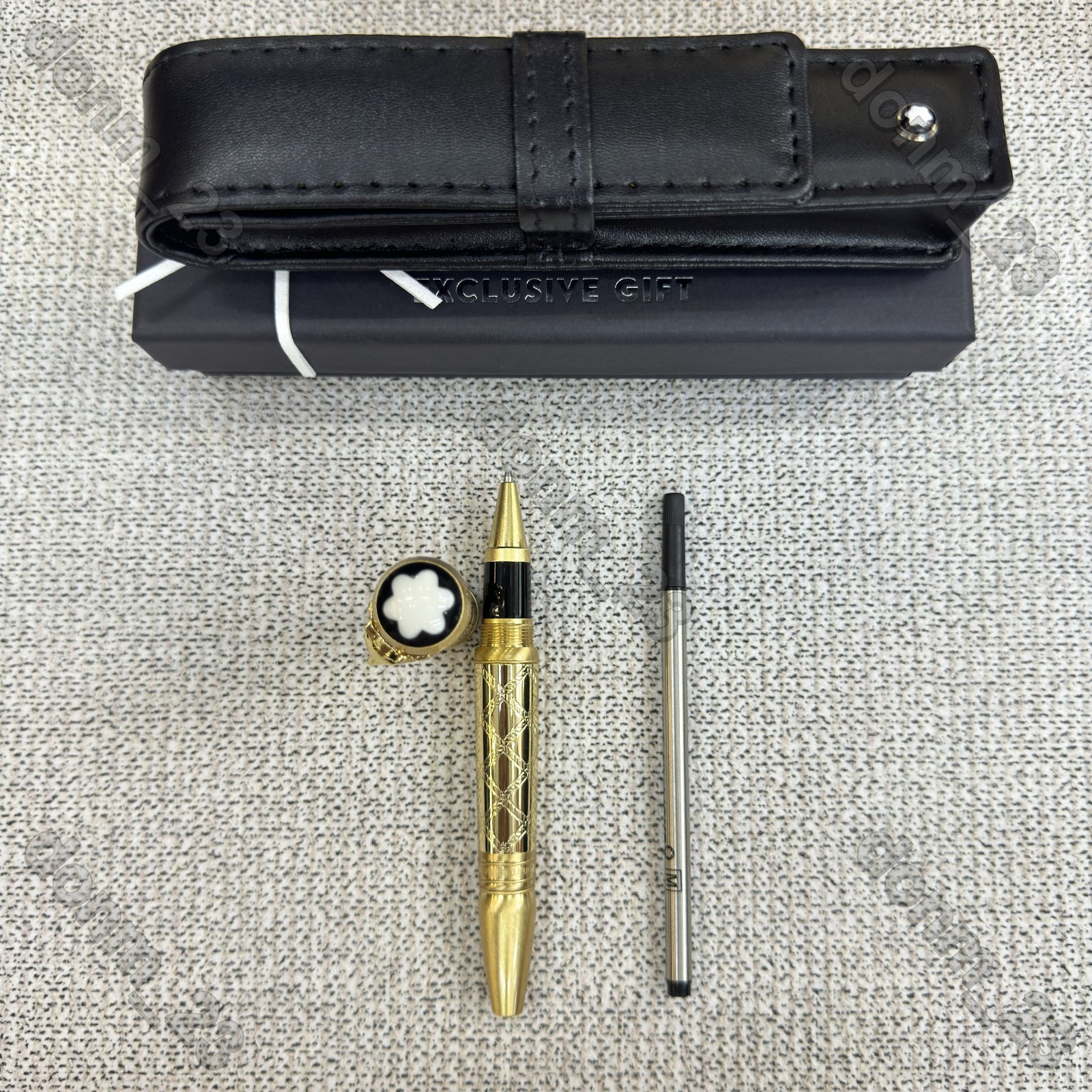 HOT MB Gold Engraved Rollerball Pen Black Enamel Emblem Leather Pouch Rare
