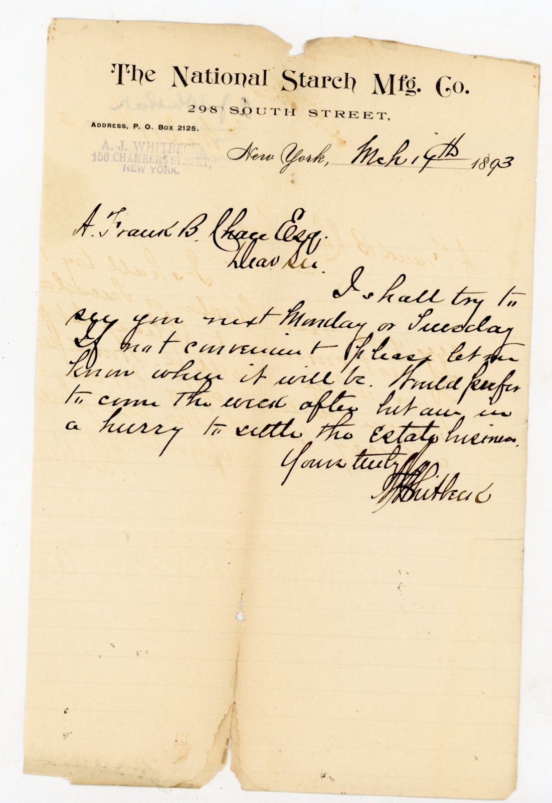 1893 National Starch Mfg Co New York Letter A.J. Whitbeck to Frank B Hage ALS 1893 National Starch Mfg Co New York Letter A.J. Whitbeck to Frank B Hage ALS
