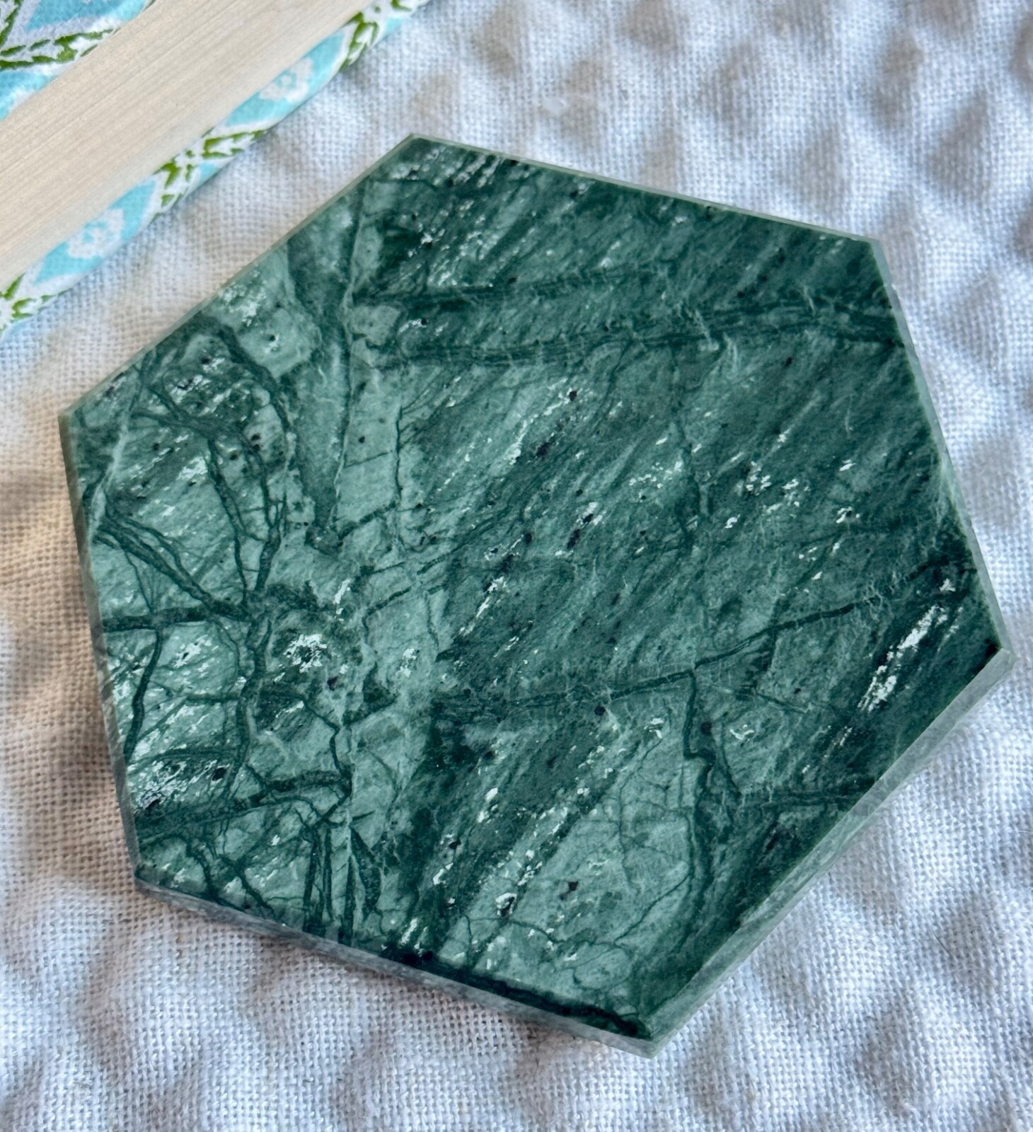 New Natural Green Marble Stone Hexagon Shaped Coaster w/ Beveled Edge - 4”