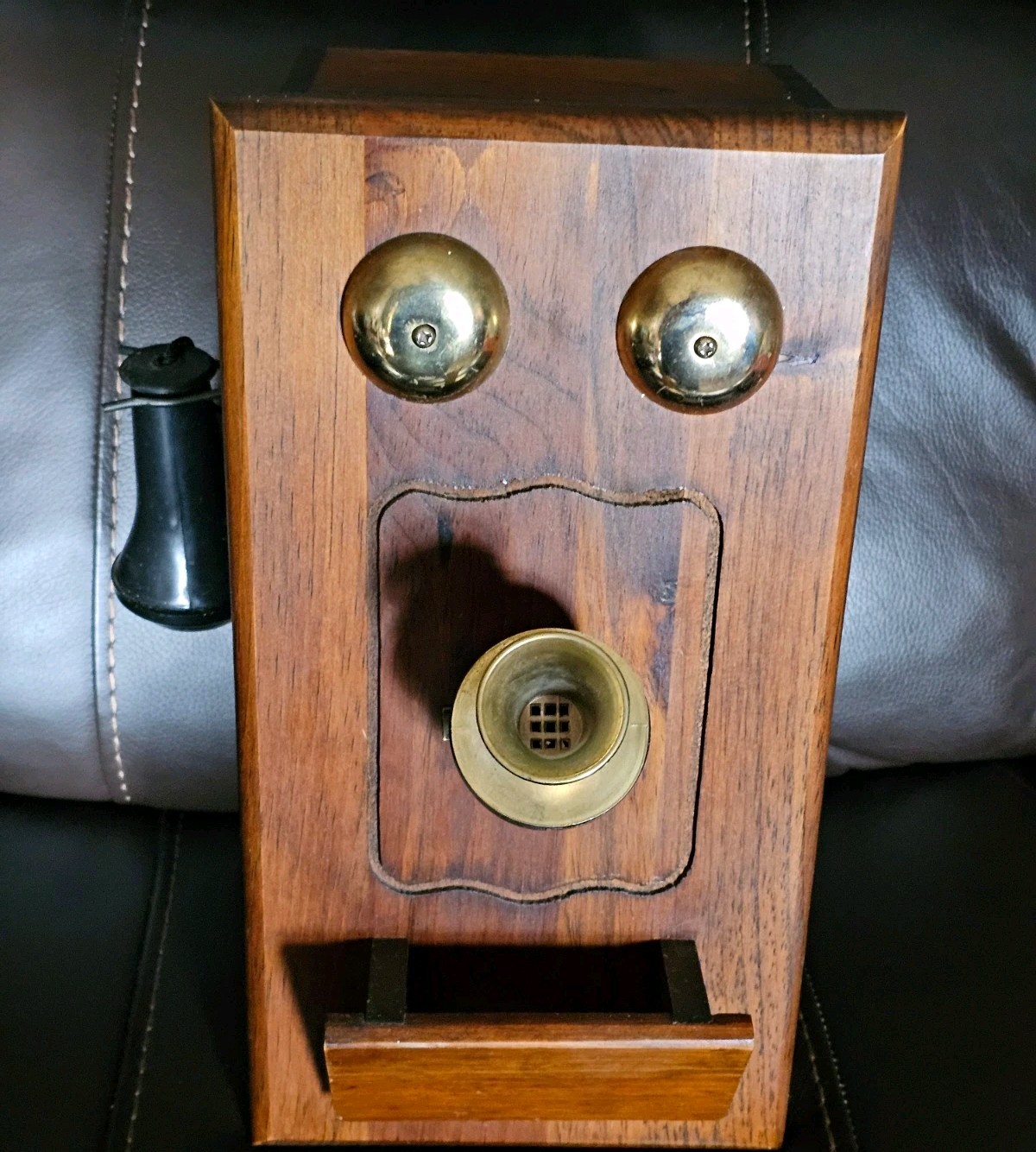 Antique Wood Wall-Mount Telephone Box w/ Bell, Mouthpiece & Cord9 Antique Wood Wall-Mount Telephone Box w/ Bell, Mouthpiece & Cord9