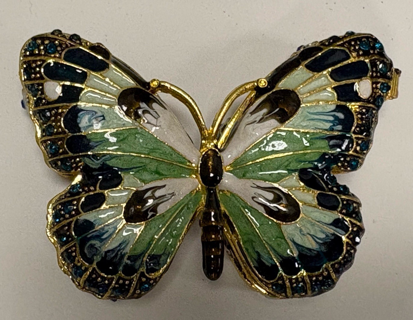Gold Tone & Enamel Butterfly With Rhinestones Jewelry Trinket Box *VERY NICE*