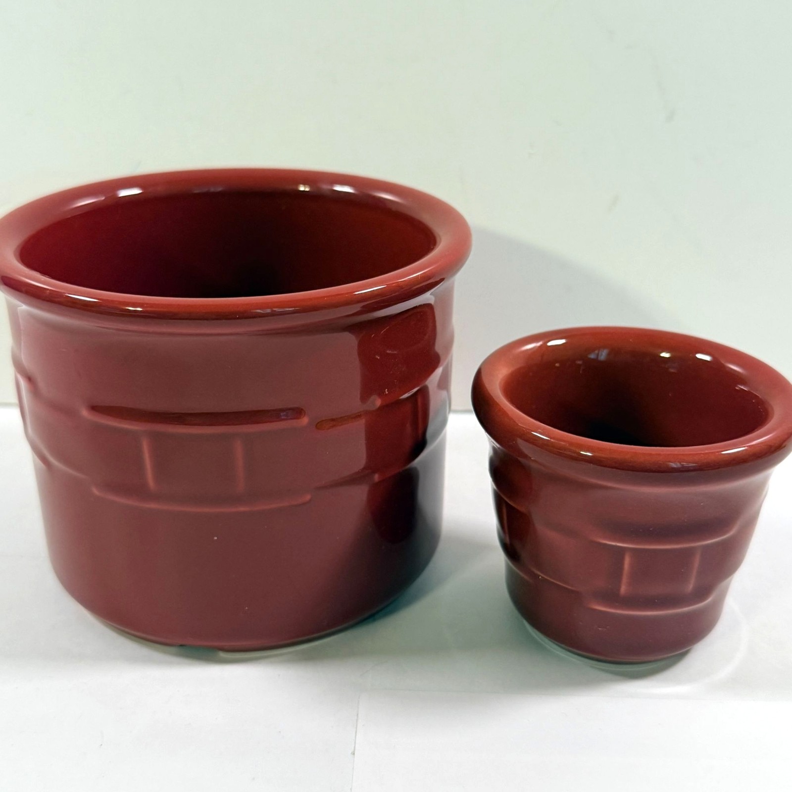 Vintage 1990s Longaberger Pottery Burgundy Red Paprika Crock Planter Set of 2 Vintage 1990s Longaberger Pottery Burgundy Red Paprika Crock Planter Set of 2
