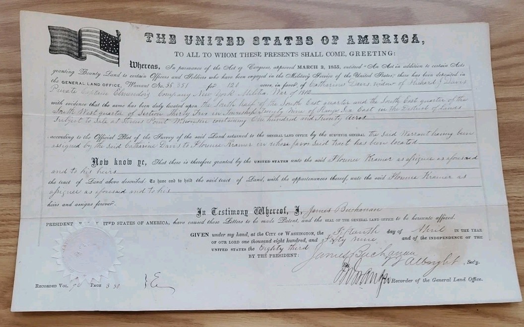 1859 USA Land Grant to Widow of Private Served in War of 1812 James Buchanan