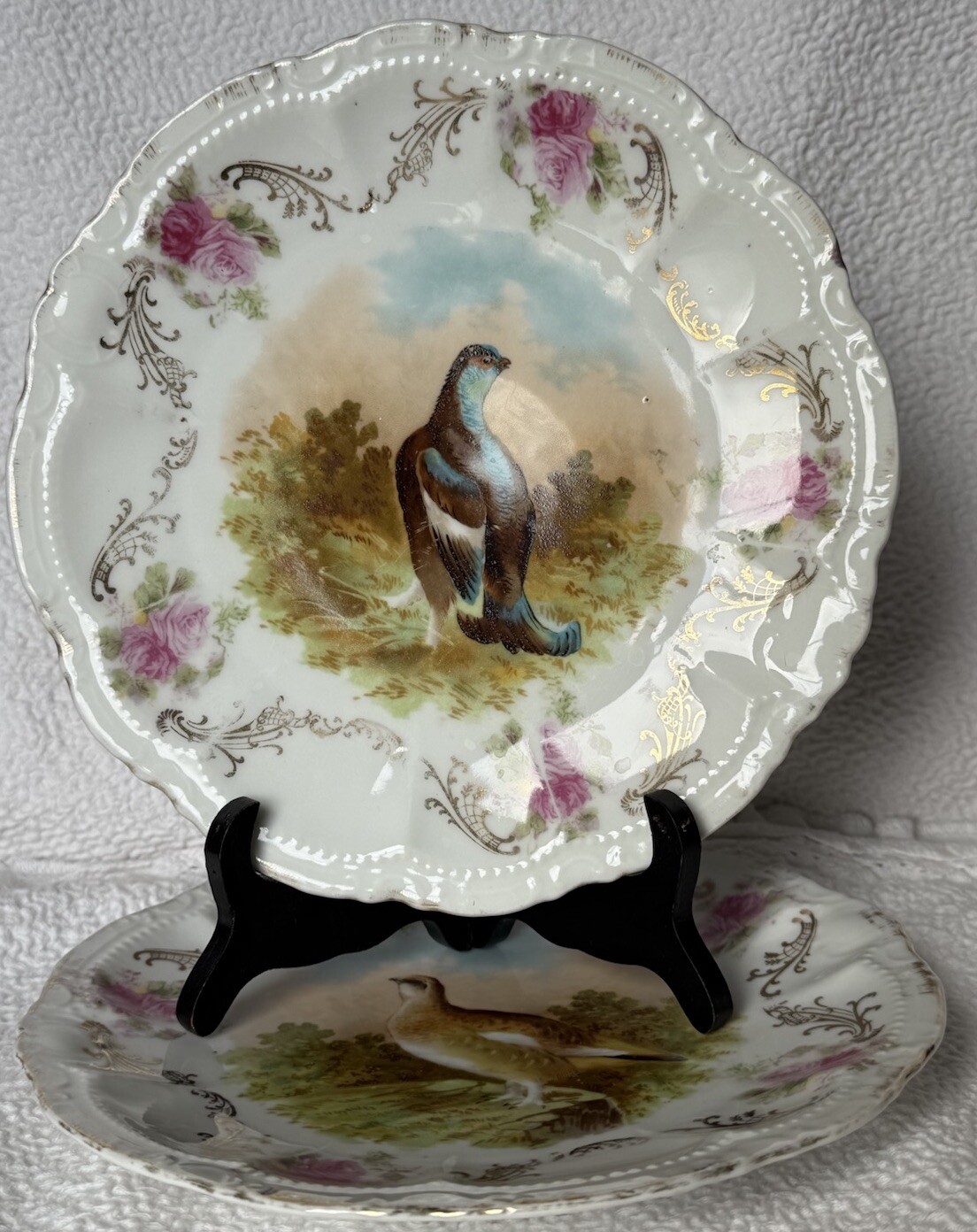 Antique PM Bavaria Wild Game Bird Grouse Cabinet Plates c1895-1910 Makers Mark