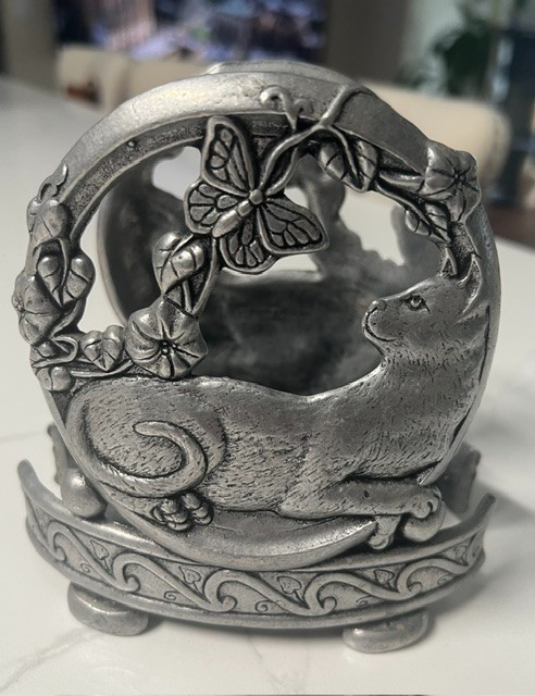 Vintage Pewter Cat Butterfly Candle or Napkin Holder 2000 Carson Pewter 4\