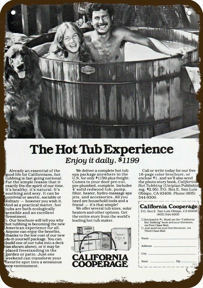 1977 CALIFORNIA COOPERAGE Wood Hot Tub Vintge-Look DECORATIVE REPLICA METAL SIGN 1977 CALIFORNIA COOPERAGE Wood Hot Tub Vintge-Look DECORATIVE REPLICA METAL SIGN