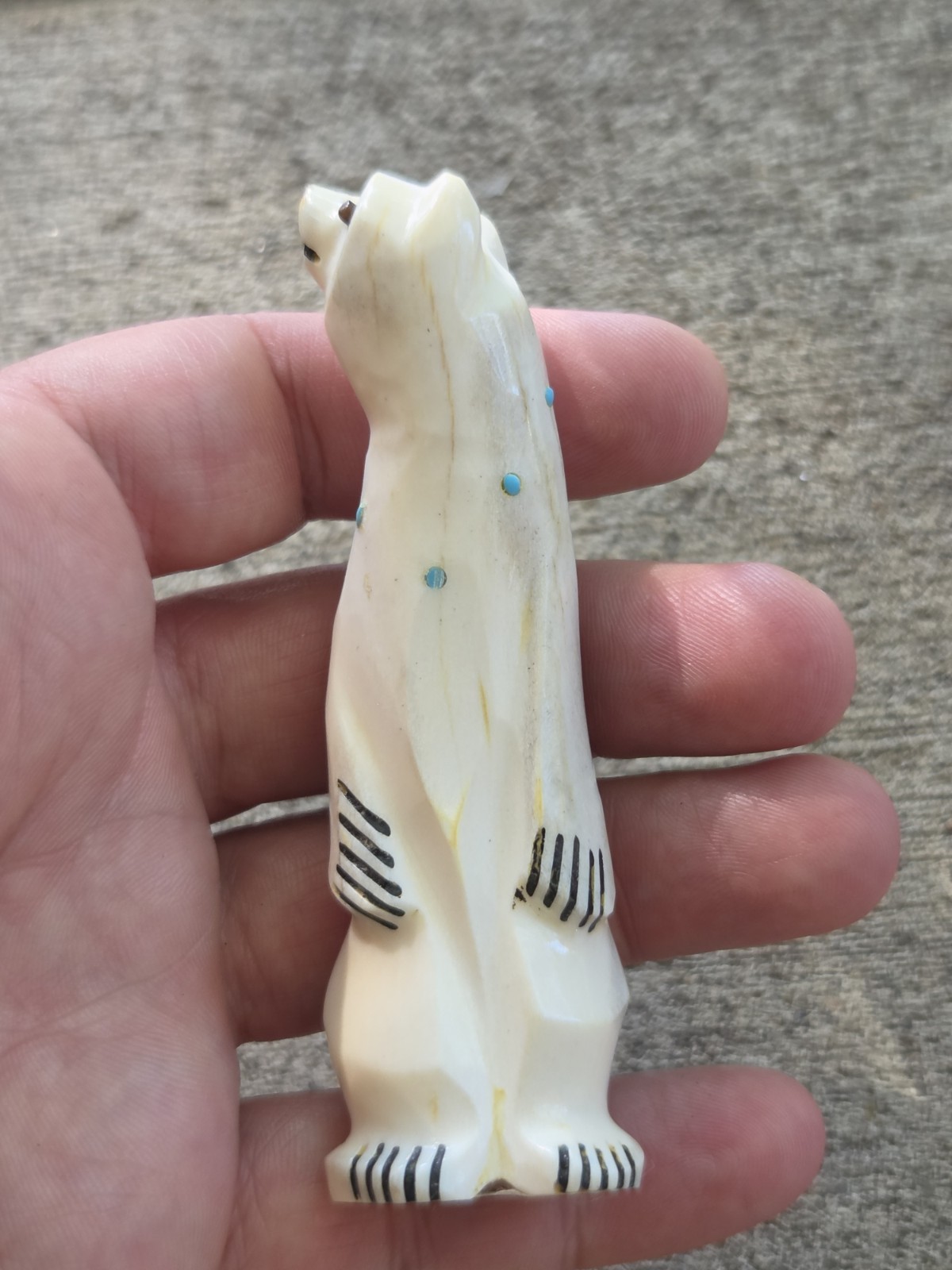 Arnie Calavazza Zuni Fetish Polar Bear Turquoise Standing Signed Antler Vintage Arnie Calavazza Zuni Fetish Polar Bear Turquoise Standing Signed Antler Vintage