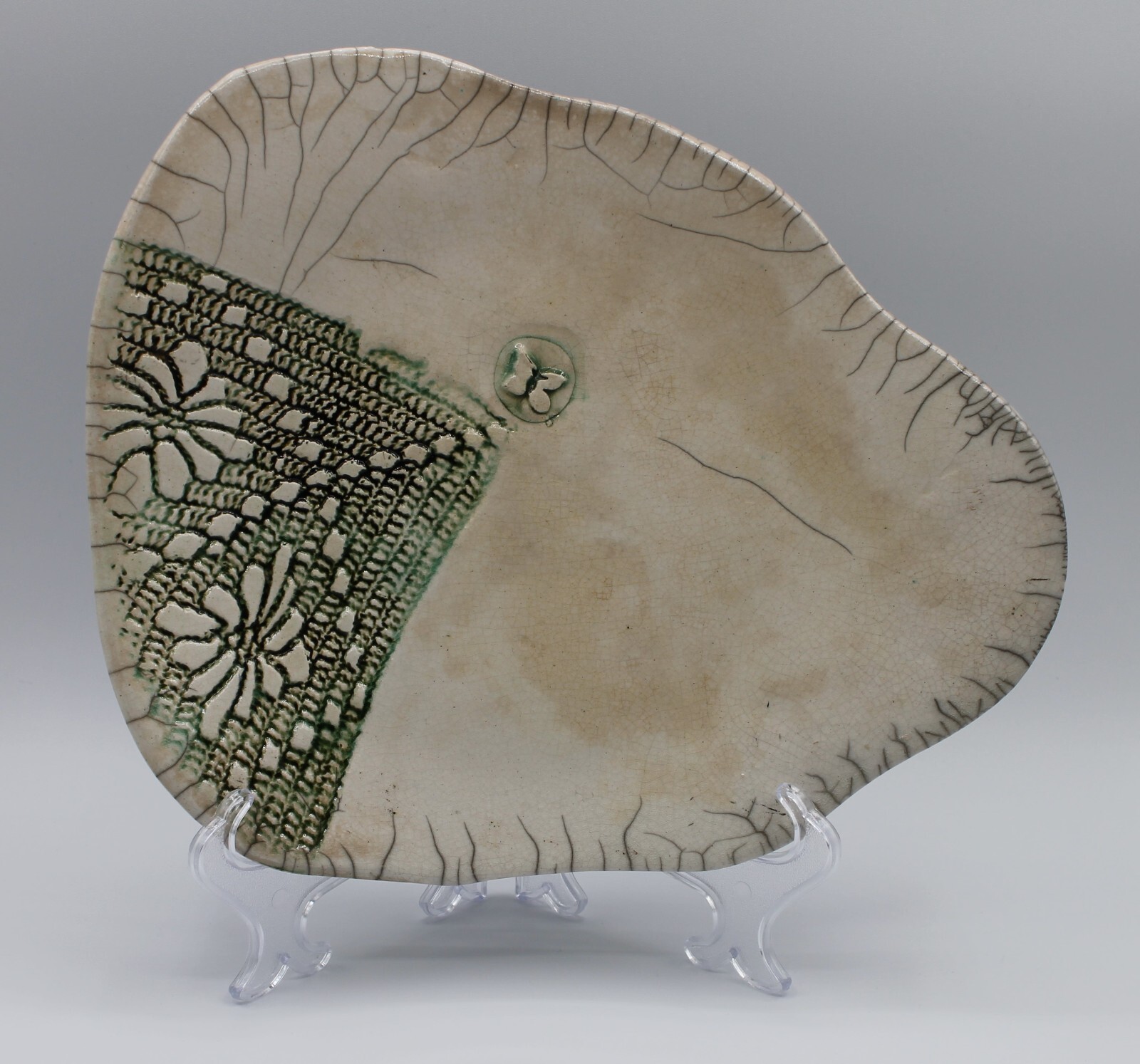 Vintage 1995 Raku Veins Glazed Applied Butterfly Art Pottery Console Dish Signed