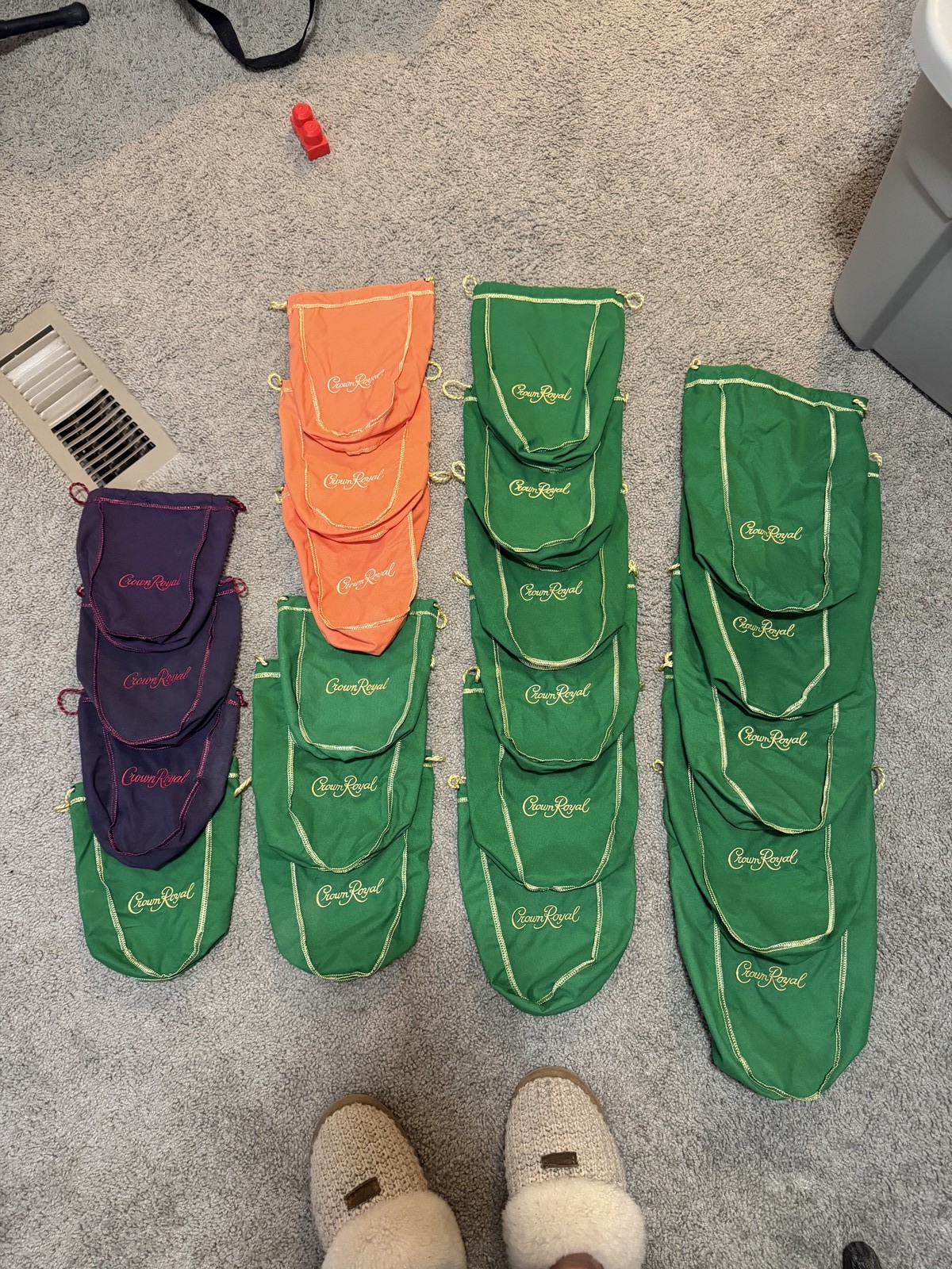 Crown Royal Drawstring Bags Bulk Lot 34 Mixed Green Purple Orange Gold Stitch