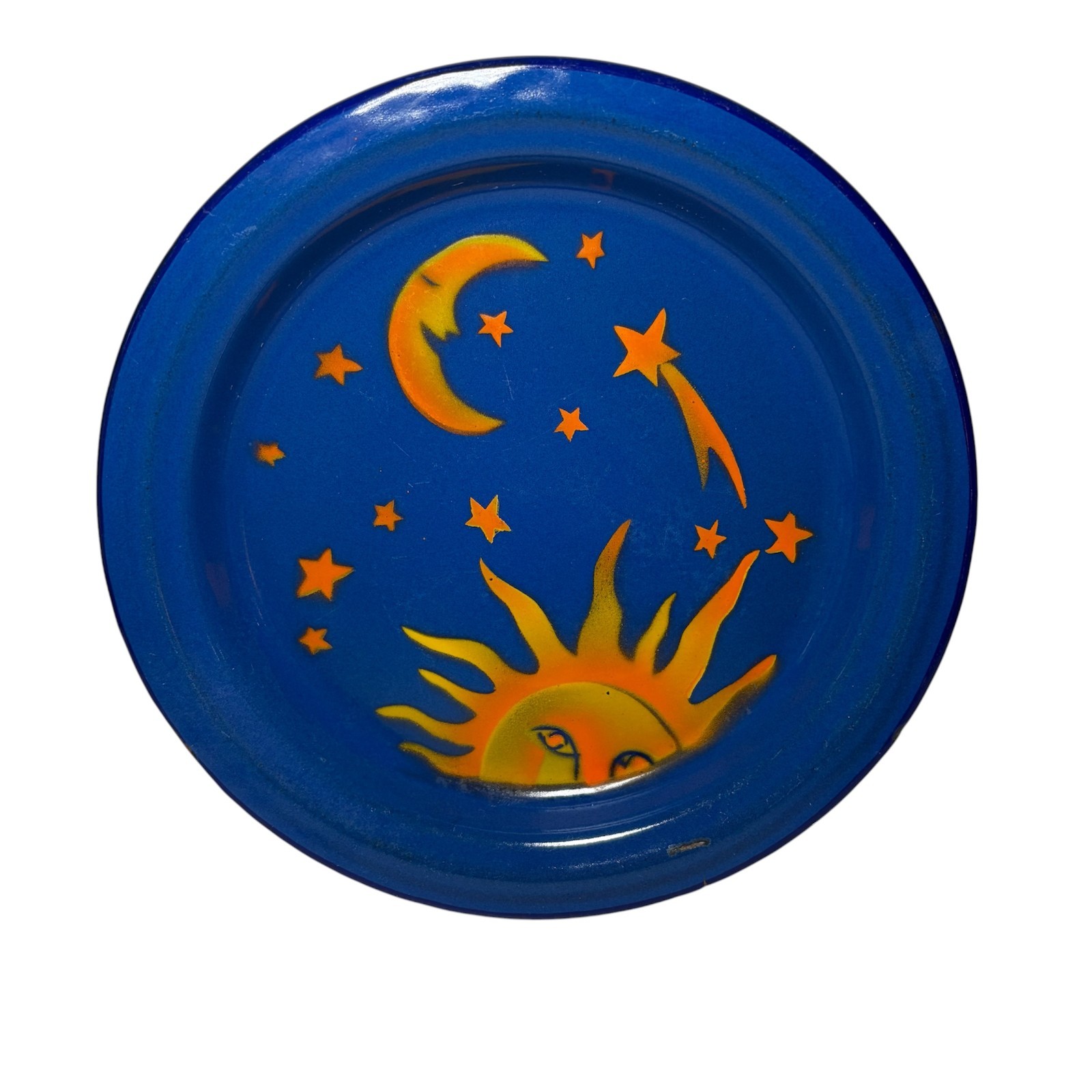 Vintage Kockums Sweden Enamelware Plate Celestial Sun Moon Stars 8.75” Blue