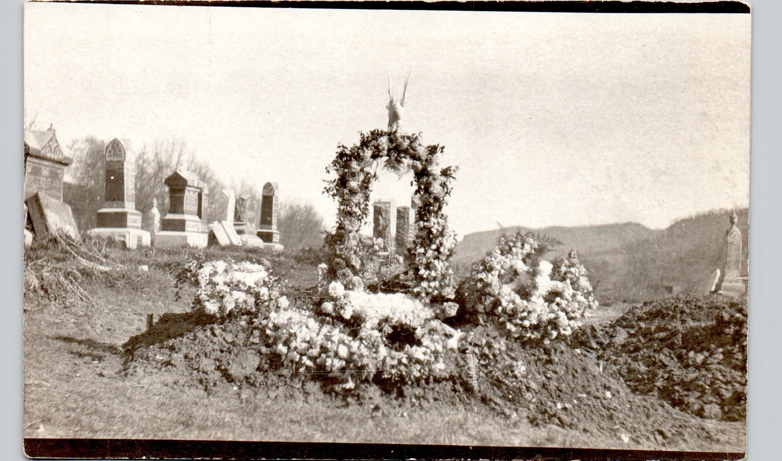FRESH GRAVE W DECORATIONS c1910 postcard real photo rppc cemetery dead monument