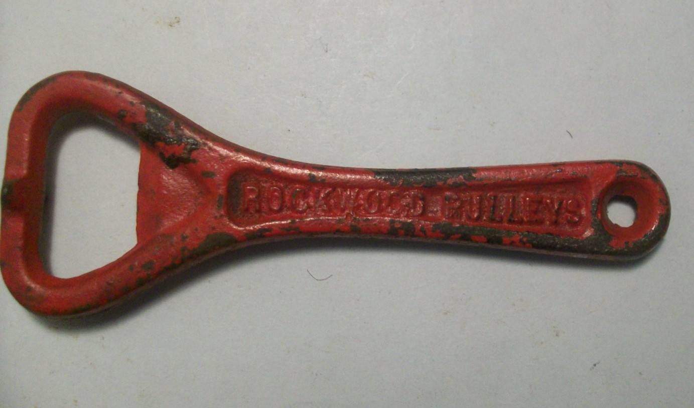 Antique 1890-1920\'s cast iron ROCKWOOD DRIVES PULLEYS BOTTLE OPENER 4\ Antique 1890-1920\'s cast iron ROCKWOOD DRIVES PULLEYS BOTTLE OPENER 4\