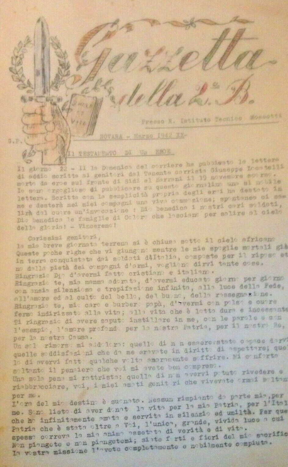 FASCIST NEWSPAPER 1942 LA GAZZETTA DELLA II B NOVARA IST.MOSSOTTI VERY RARE