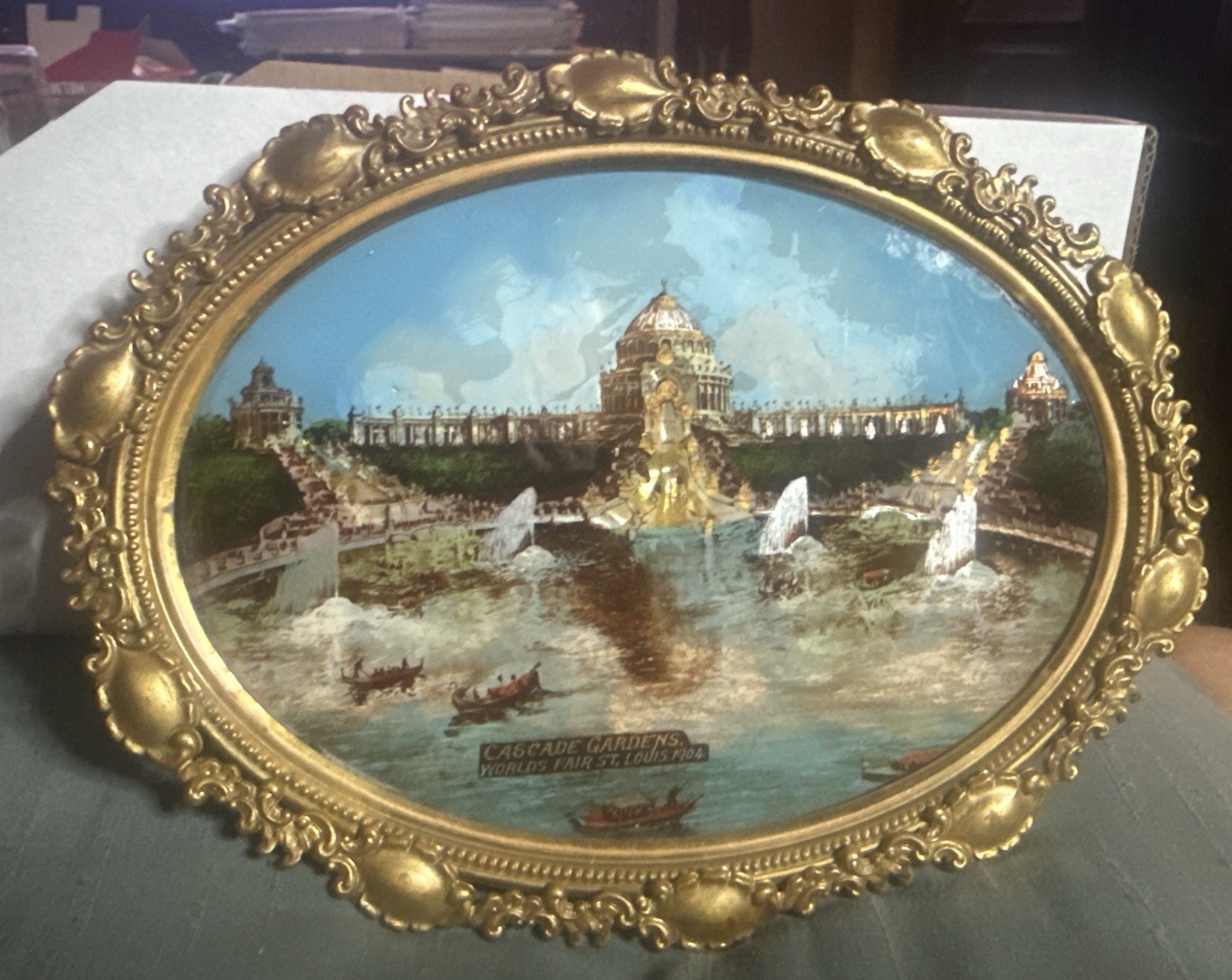 Antique Gold Framed1904 St. Louis World's Fair Reverse Painting Cascade Gardens