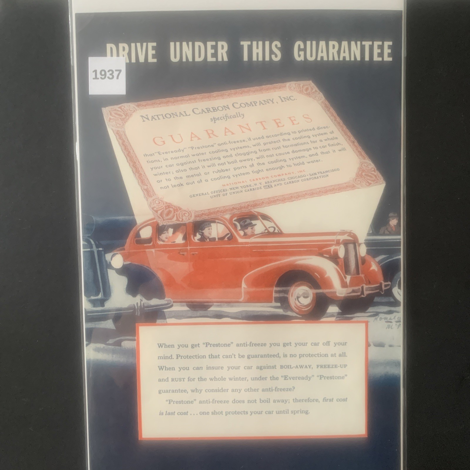Vintage 1937 Prestone Anti Freeze Drive Under This Guarantee Ad Advertisement
