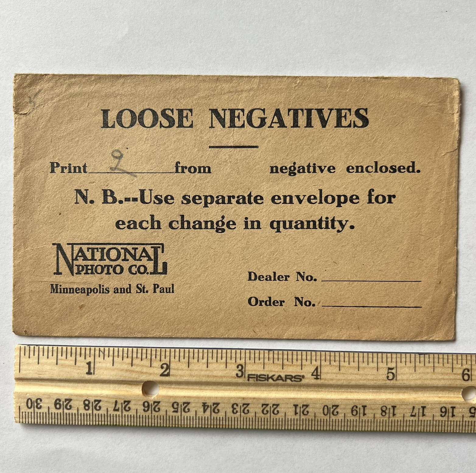 VINTAGE NATIONAL PHOTO COMPANY LOOSE NEGATIVES ENVELOPE MINNEAPOLIS ST. PAUL