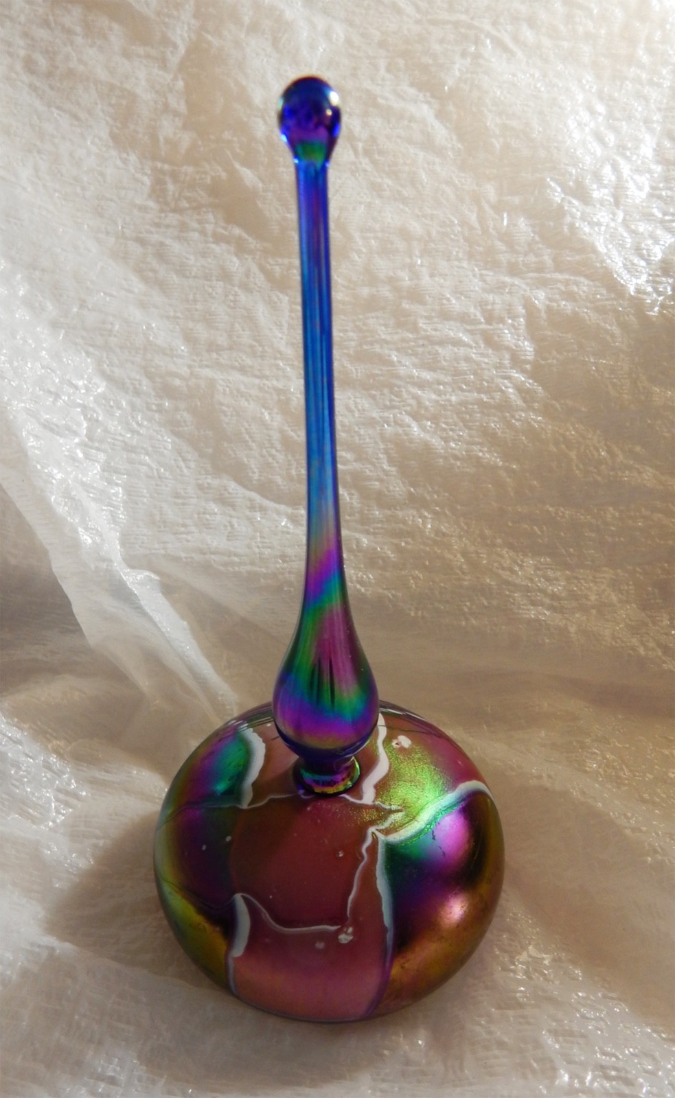 Iridescent Vintage American Hand Blown art glass Signed perfume bottle w stopper