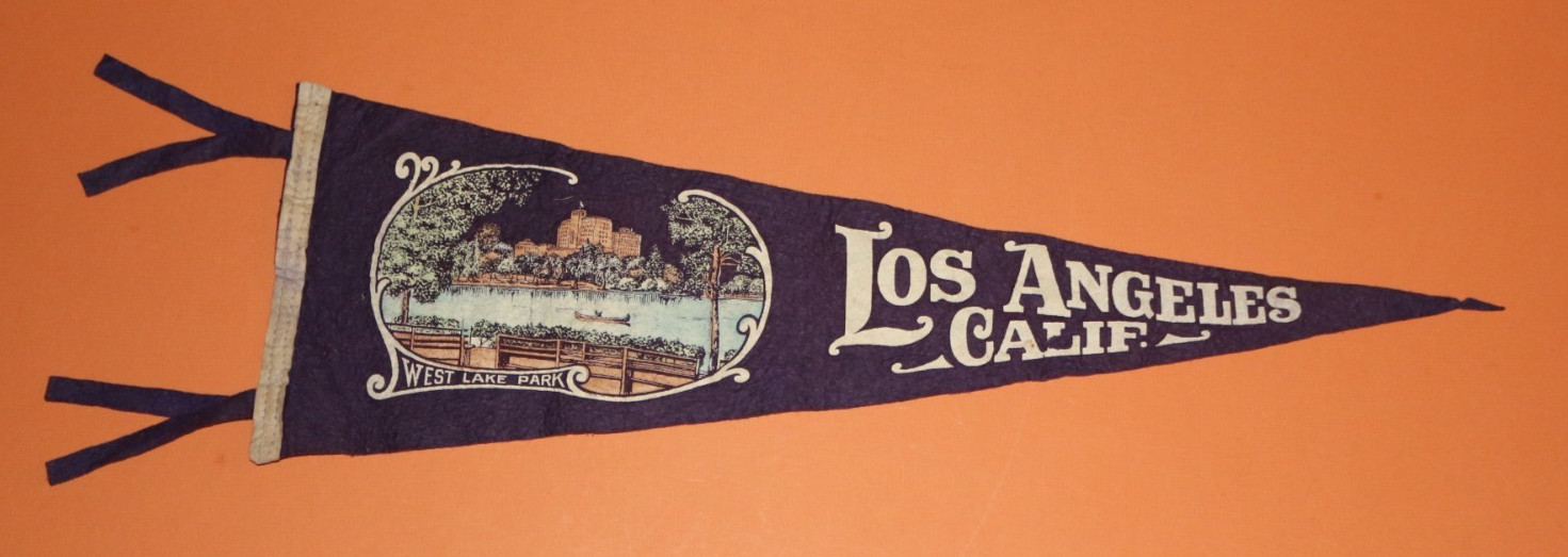 Antique 1930's Los Angeles California WEST LAKE PARK Pennant Wool Felt