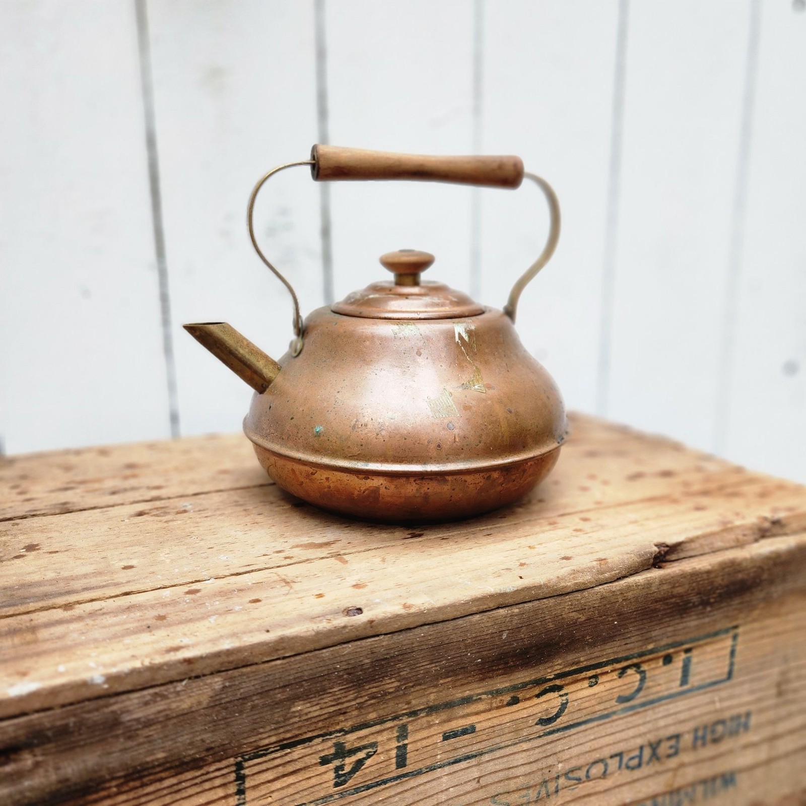 Vintage Copper Tea Kettle With Wooden Handle - Rustic Farmhouse Decor