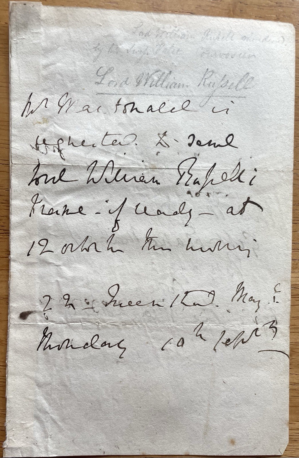 British Politician Lord William Russell Murdered by his Valet Autograph Letter