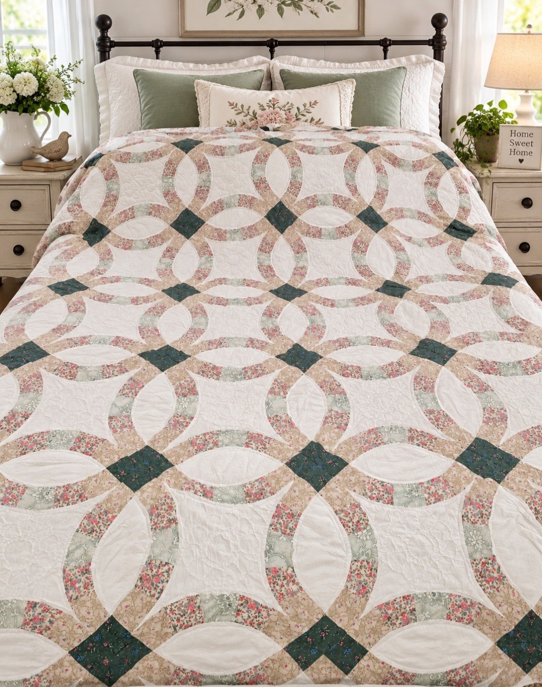 Vintage 1980-1990s Double Wedding Ring Machine Sewn Quilt 97