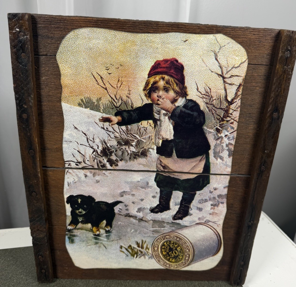 J&P Coats Vintage Print Ad Wood Slat Sign 13.5