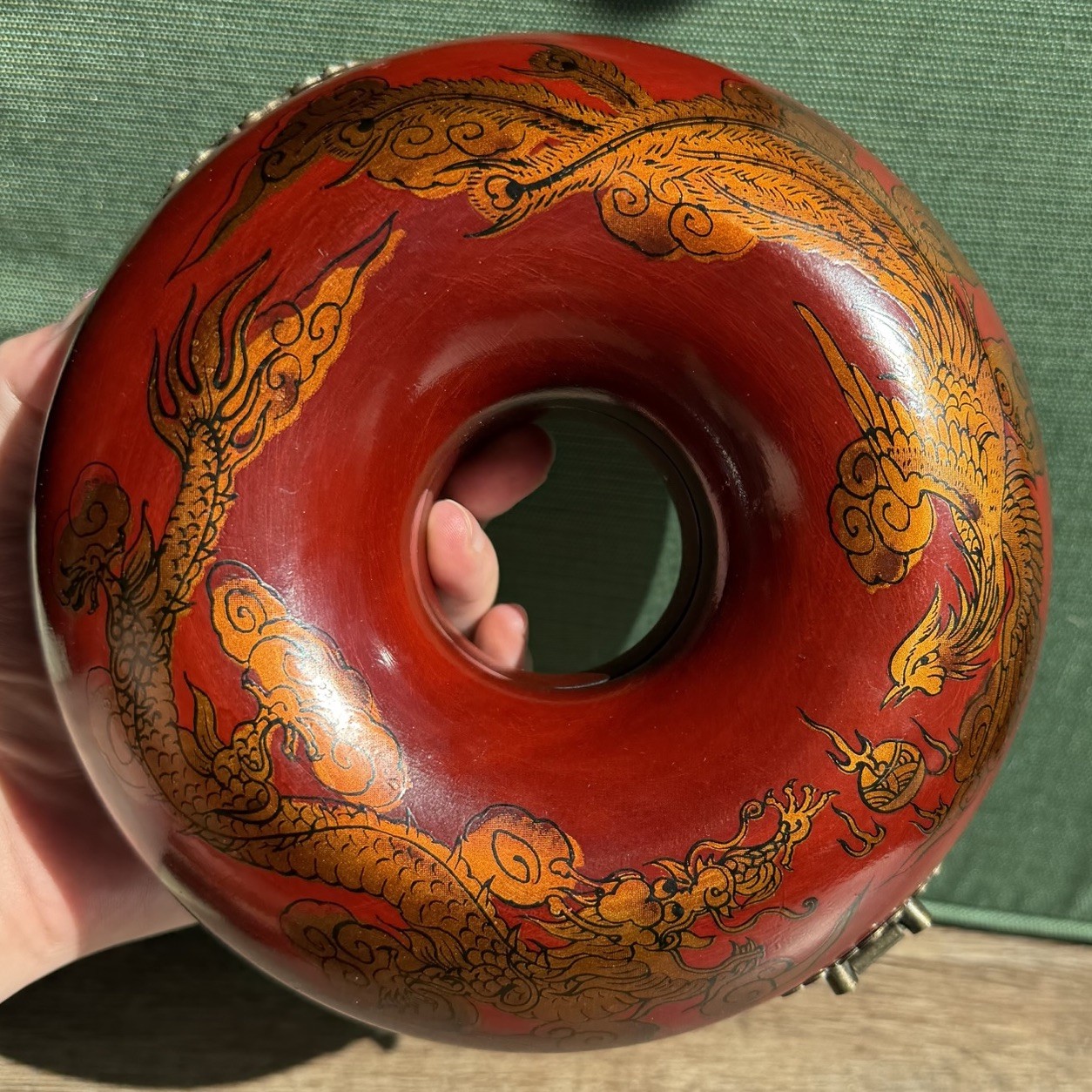 VTG Chinese red lacquered donut-shaped jewelry box ft hand-painted gold dragon VTG Chinese red lacquered donut-shaped jewelry box ft hand-painted gold dragon