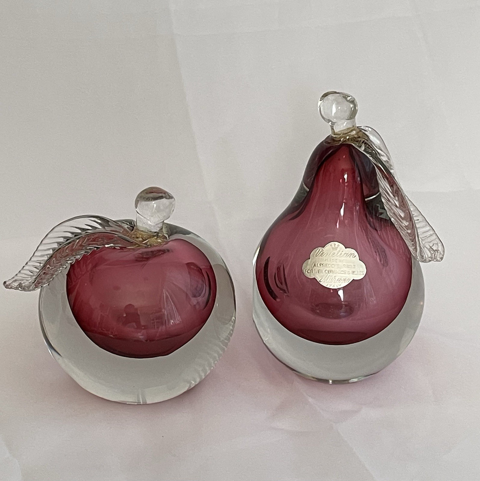Vntg Alfredo Barbini Murano Pink Glass Apple Pear Gold Leaf Bookend 1 Label READ