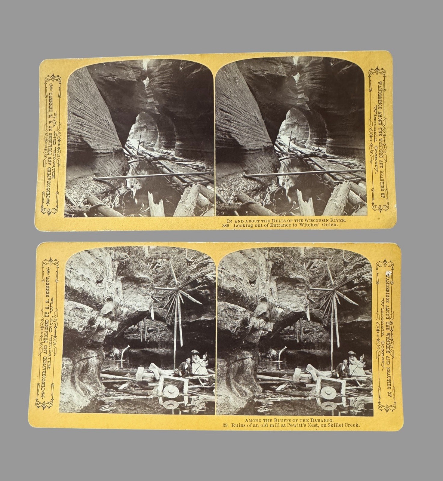 2 H.H. Bennett Wisconsin Dells Stereoviews Witches Gulch Pewitts Nest Antique